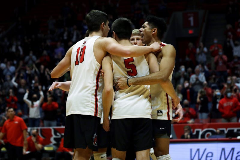 The Ball State Men's Volleyball team celebrates scoring a point against Hawaii on Jan. 29, 2022, at Worthen Arena in Muncie, IN. The Cardinals beat Hawaii in three sets. Amber Pietz, DN