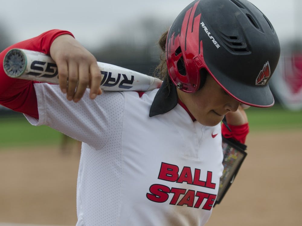 Junior second baseman Maddy Labrador waits in the on-deck circle during the second game of the double-header against Northern Illinois on April 4 at the Softball Field at the First Merchants Ballpark Complex. Ball State won the first game 3-2 and the second game 6-4. Emma Rogers // DN
