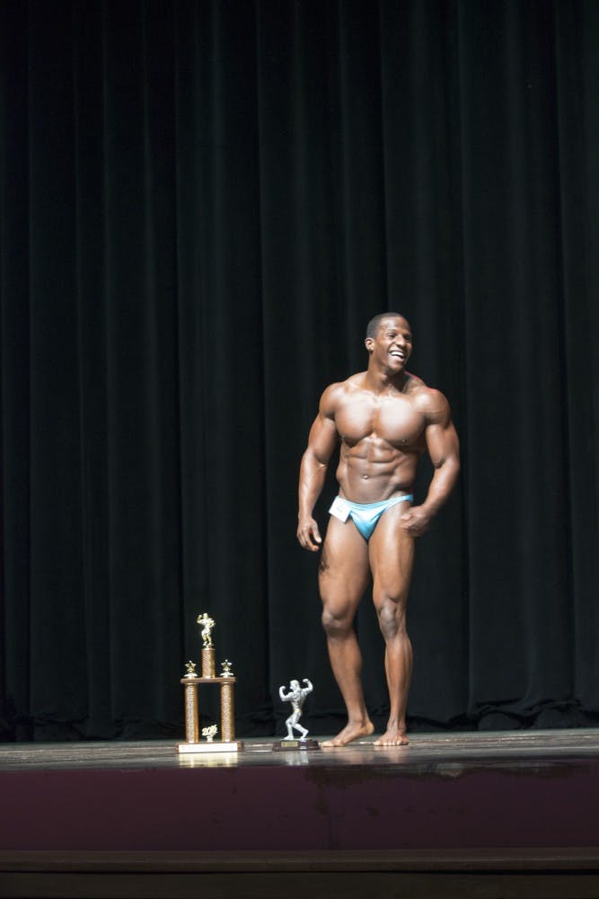 Corey Nelson gets another chance to pose on stage after being named Mr. Bodybuilding Ball State 2016.Twenty students participated in the annual the Mr. and Ms. Bodybuilding Ball State on April 14 in John R. Emens Auditorium. DN PHOTO MAGGIE KENWORTHY