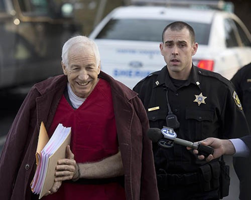 Jerry Sandusky arrives for his hearing on Jan. 10 at the Centre County Courthouse in Bellefonte, Pa. Sandusky’s defense team is focusing on the fact that several plaintiffs waited years before filing suit against the former assistant coach. MCT PHOTO