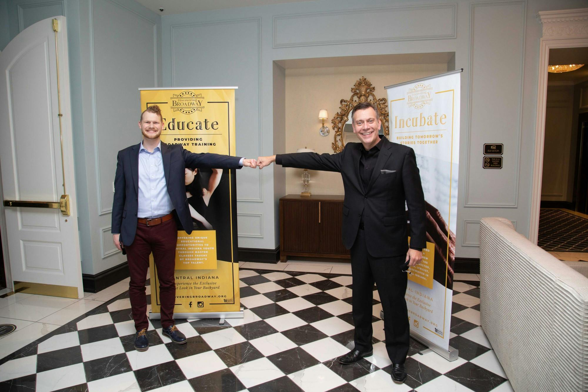 Joel Kirk (left), Ball State alumnus and CEO and founder of Discovering Broadway, socially distances from Terry Anker (right), Discovering Broadway advisory board chairman. Kirk said he and his team hope to reach their expanding goal of putting on two more shows and one master class before the year’s end. Joel Kirk, Photo Provided