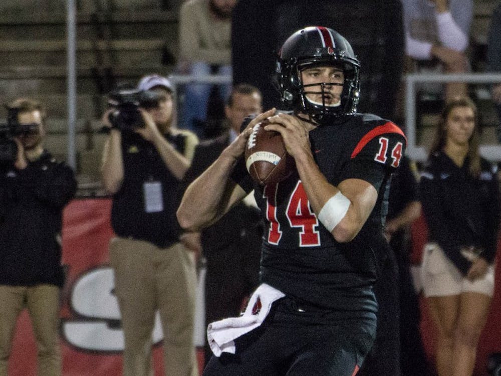 Ball State's backup quarterback Jack Milas prepares to throw a pass during the game against Western Michigan on Nov. 1 in Scheumann Stadium. The Cardinals lost 52-20. Grace Ramey // DN