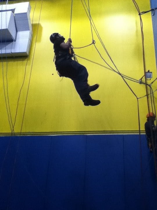 Alan Perez, interim technical director for University Theatre, teaches during a rope works class while working for Cirque du Soleil. The techniques learned here were to be used in the case of a performer needing help while in the air. PHOTO PROVIDED BY ALAN PEREZ