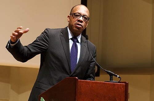 The Washington Post columnist and MSNBC contributor Eugene Robinson speaks about the current state of racial relations in America on Tuesday in Pruis Hall. The event, which was part of Unity Week, featured a question and answer portion, during which Robinson addressed how media affects politics. DN PHOTO BOBBY ELLIS