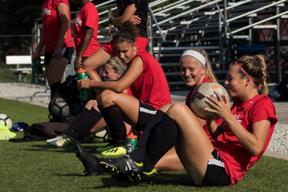 Members of the Ball State soccer team watch as their teammates scrimmage Wednesday Sept. 5, 2018 at Briner Sports Complex. Eric Pritchett, DN