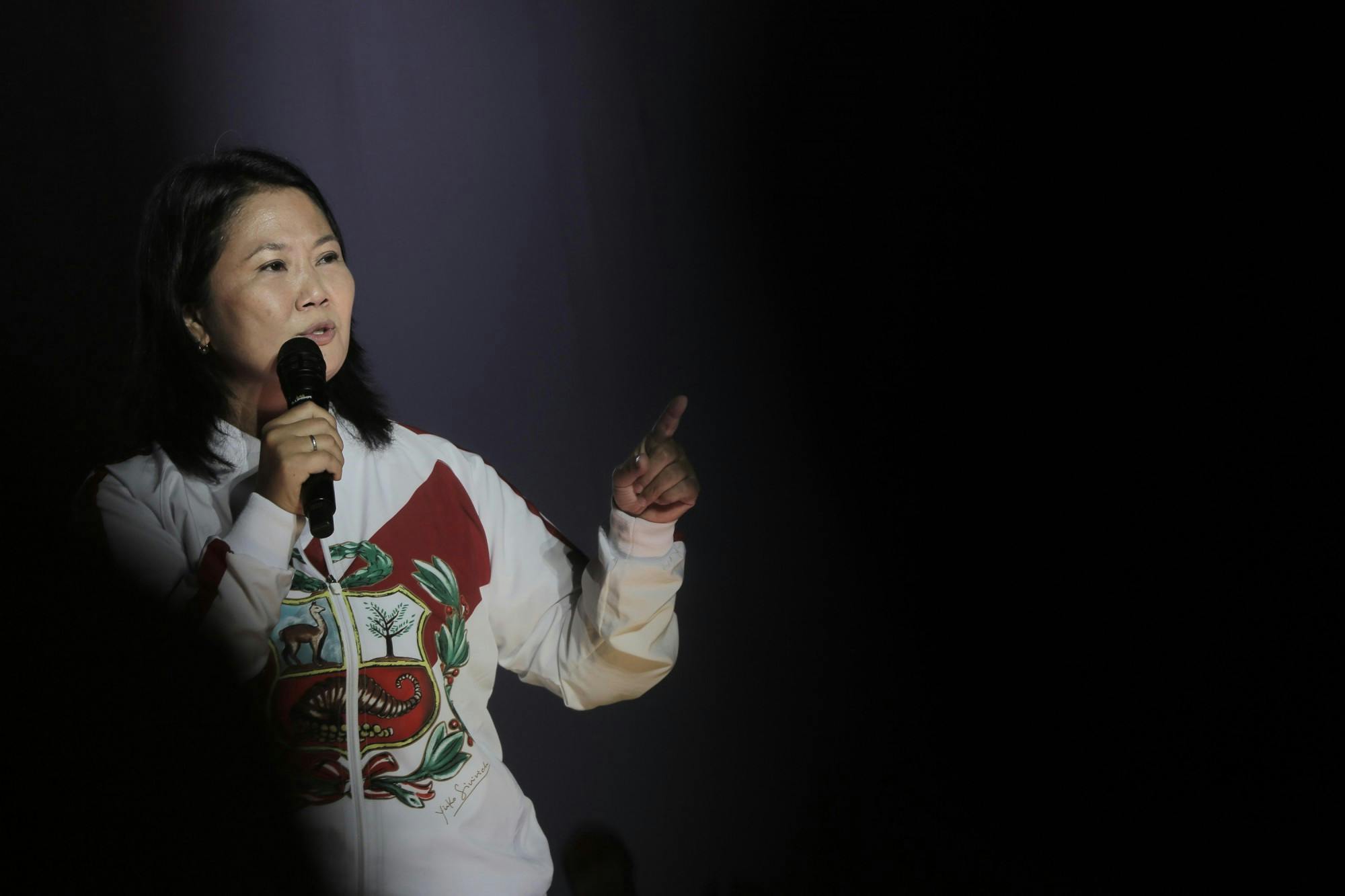 The candidate for the Presidency of Peru, Keiko Fujimori, of the Popular Force party, speaks before her supporters during the closing of the campaign for the second presidential round on June 6, at the Las Palomas oval in the district of Villa El Salvador, in Lima, Peru, on June 3, 2021. (John Reyes/EFE/Zuma Press/TNS) * USA and Canada English Language Rights Only *