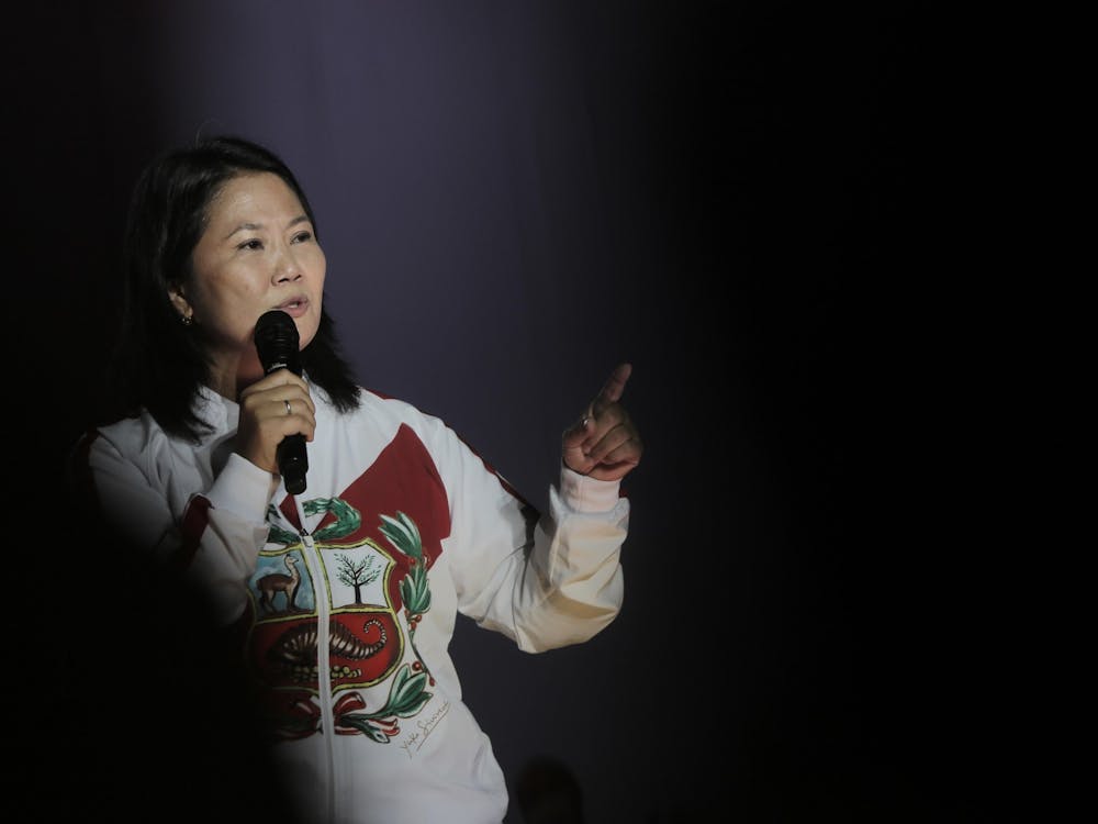 The candidate for the Presidency of Peru, Keiko Fujimori, of the Popular Force party, speaks before her supporters during the closing of the campaign for the second presidential round on June 6, at the Las Palomas oval in the district of Villa El Salvador, in Lima, Peru, on June 3, 2021. (John Reyes/EFE/Zuma Press/TNS) * USA and Canada English Language Rights Only *