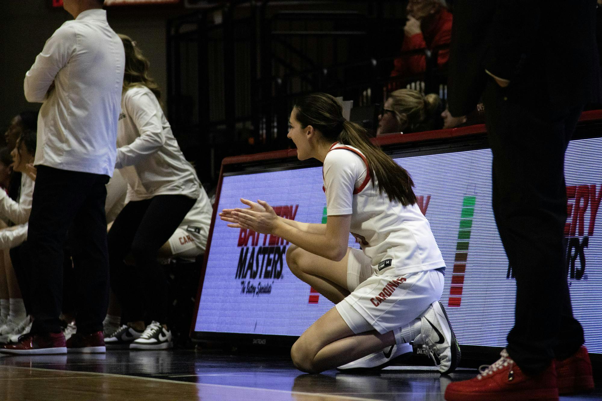 Sophomore guard Grace Kingery claps for her team while waiting to enter the game Feb. 14 at Worthen Arena. Kingery played 33 minutes against Bowling Green Women's Basketball. Kaibre Taylor, DN
