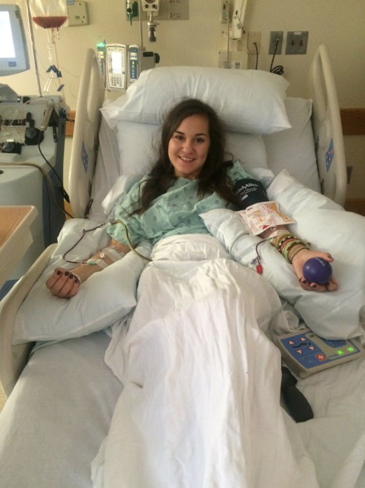 Alayna Troha, a sophomore social work and interpersonal relations major, registered to be a bone marrow donor after Be the Match presented to her sorority. She was a confirmed match in October and donated bone marrow on Jan. 13.&nbsp;During the donation, Troha couldn’t move, and her parents had to help feed her.&nbsp;PHOTO PROVIDED ALAYNA TROHA
