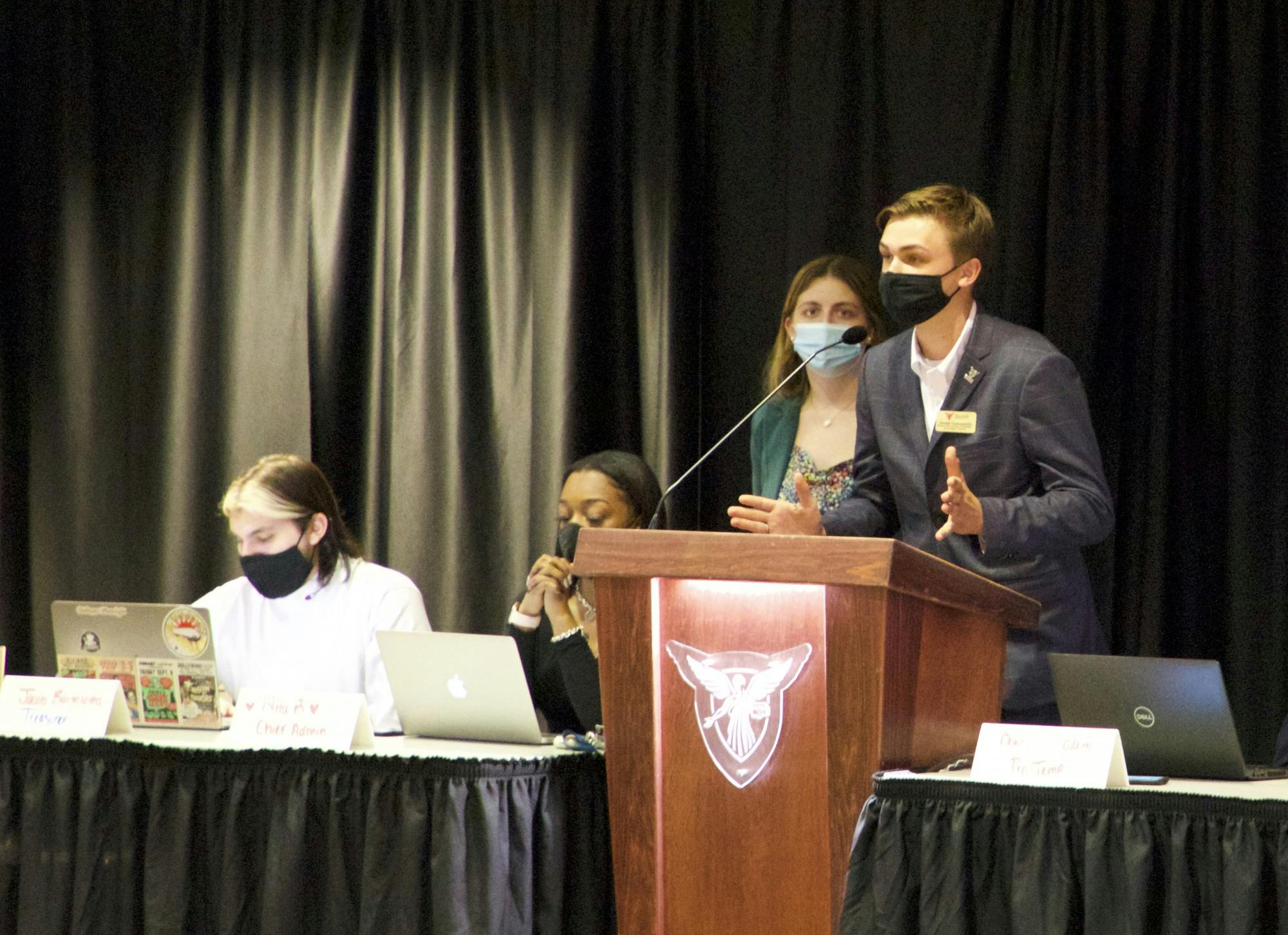 Joseph Gassensmith, chief of staff for Ball State&#x27;s Student Government Association (SGA) speaks to senators at the SGA meeting Sept. 8. Senators reviewed an amendment that proposes to send an executive slate member to fraternity and sorority life leadership council meetings. Nathan Hill, DN