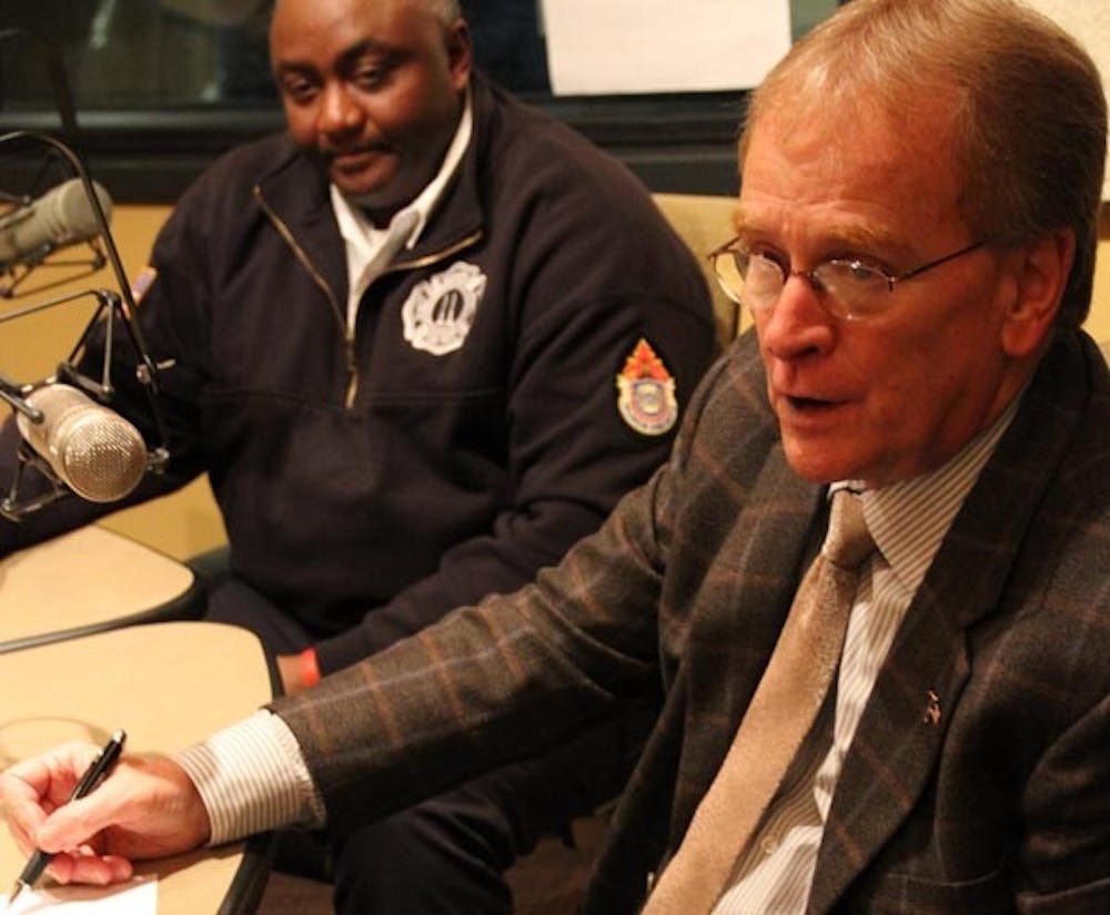 Mayor Dennis Tyler and Chief of Police Steve Stewart sits down with talk show host David Boulton about improvements on the fire department on WCRD Thrusday afternoon. DN PHOTO EMMA FLYNN