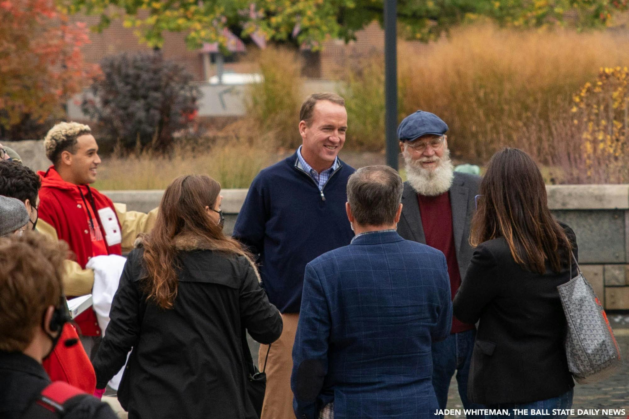 Former Indianapolis Colts quarterback Peyton Manning and Ball State Alumnus David Letterman pose for a photo Oct. 20, 2020, at Ball State University. Ball State Alumnus David Letterman and former Indianapolis Colts quarterback Peyton Manning were seen filming on campus by Frog Baby and at Scheumann Stadium for an episode of &quot;Peyton&#x27;s Places.&quot; Jaden Whiteman, DN