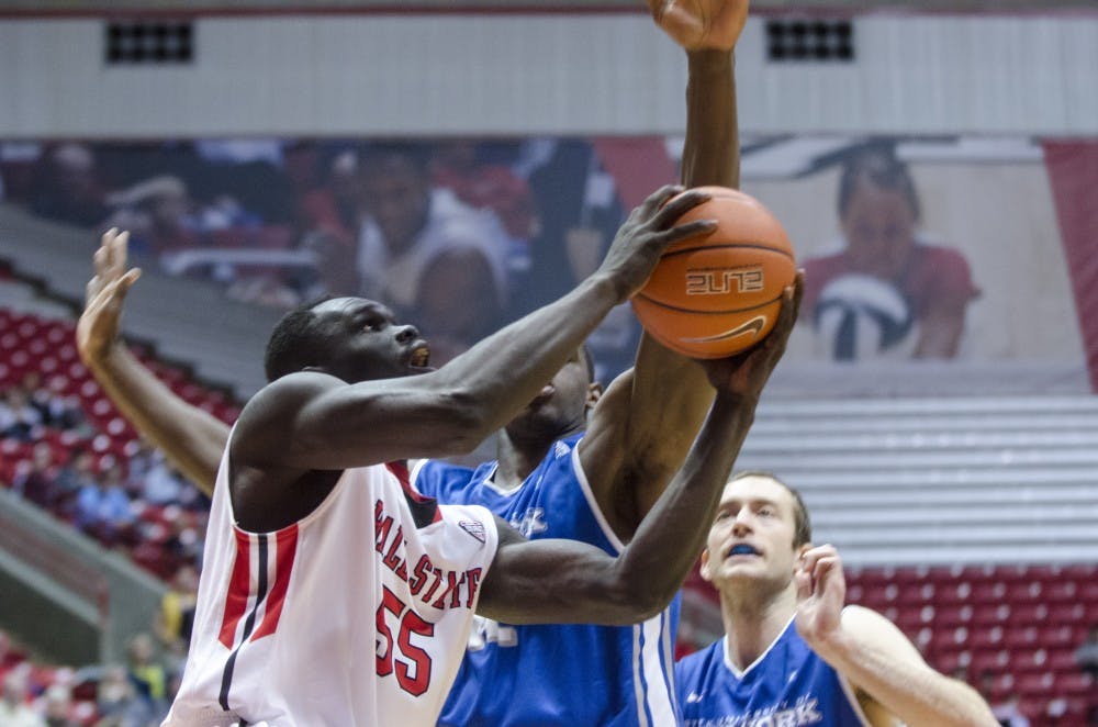 Senior center Majok Majok attempts to shoot a layup in the game against Buffalo on Jan. 23 at Worthen Arena. The Cardinals will face the Bulls again Feb. 5. DN PHOTO COREY OHLENKAMP