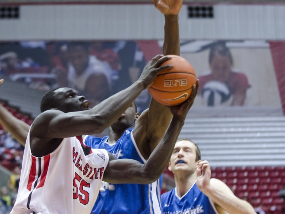 Senior center Majok Majok attempts to shoot a layup in the game against Buffalo on Jan. 23 at Worthen Arena. The Cardinals will face the Bulls again Feb. 5. DN PHOTO COREY OHLENKAMP