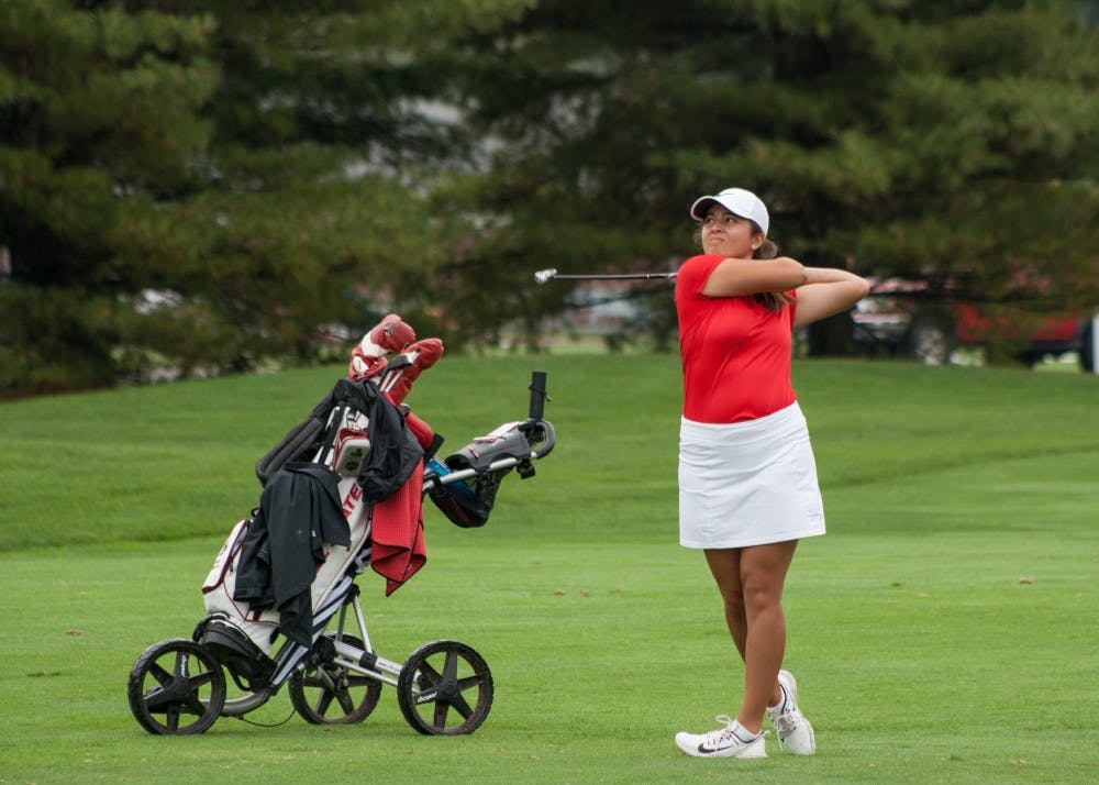 Sophomore Manon Tounalom tees off at hole 8 during the Cardinal Classic on Sept. 19. The tournament took place at the Player's Club in Yorktown. Kaiti Sullivan, DN File