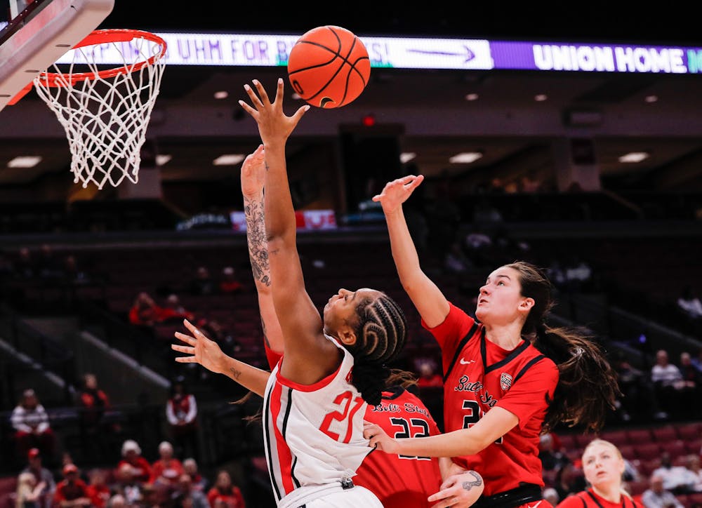 Ball State freshman Grace Kingery blocks a shot against Ohio State Dec. 10 at The Schottenstein Center in Columbus, Oh. Kingery had three rebounds in the game. Andrew Berger, DN
