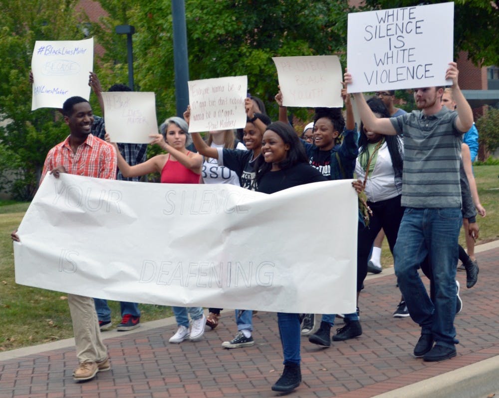 Ball State students participated in a protest for justice on Wednesday, Sept. 9. The protest was organized by the Black Student Association and Ball State Democrats. Students of all backgroudns and color participated in the protest by marching together with signs. 