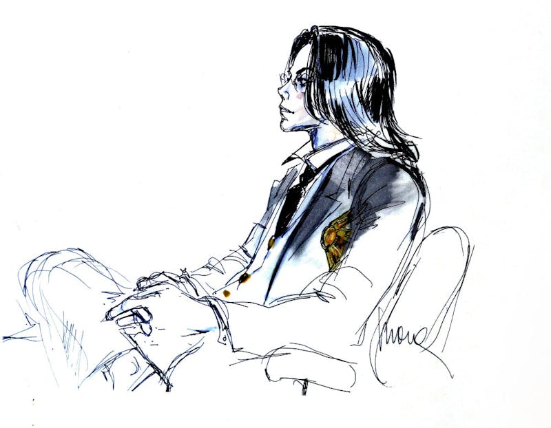 Michael Jackson is depicted in a sketch by Mona Shafer Edwards during his 2005 child molestation trial in Santa Maria, Calif. (Mel Melcon/Los Angeles Times/TNS)
