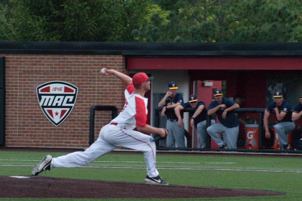 Lukas Jaksich pitches in the Cardinal's final home game against the Toledo Rockets on May 18, 2019. Ball State won both the game and the series qualifying for a first-round bye in next week's MAC Championship. Blake Chapman, DN