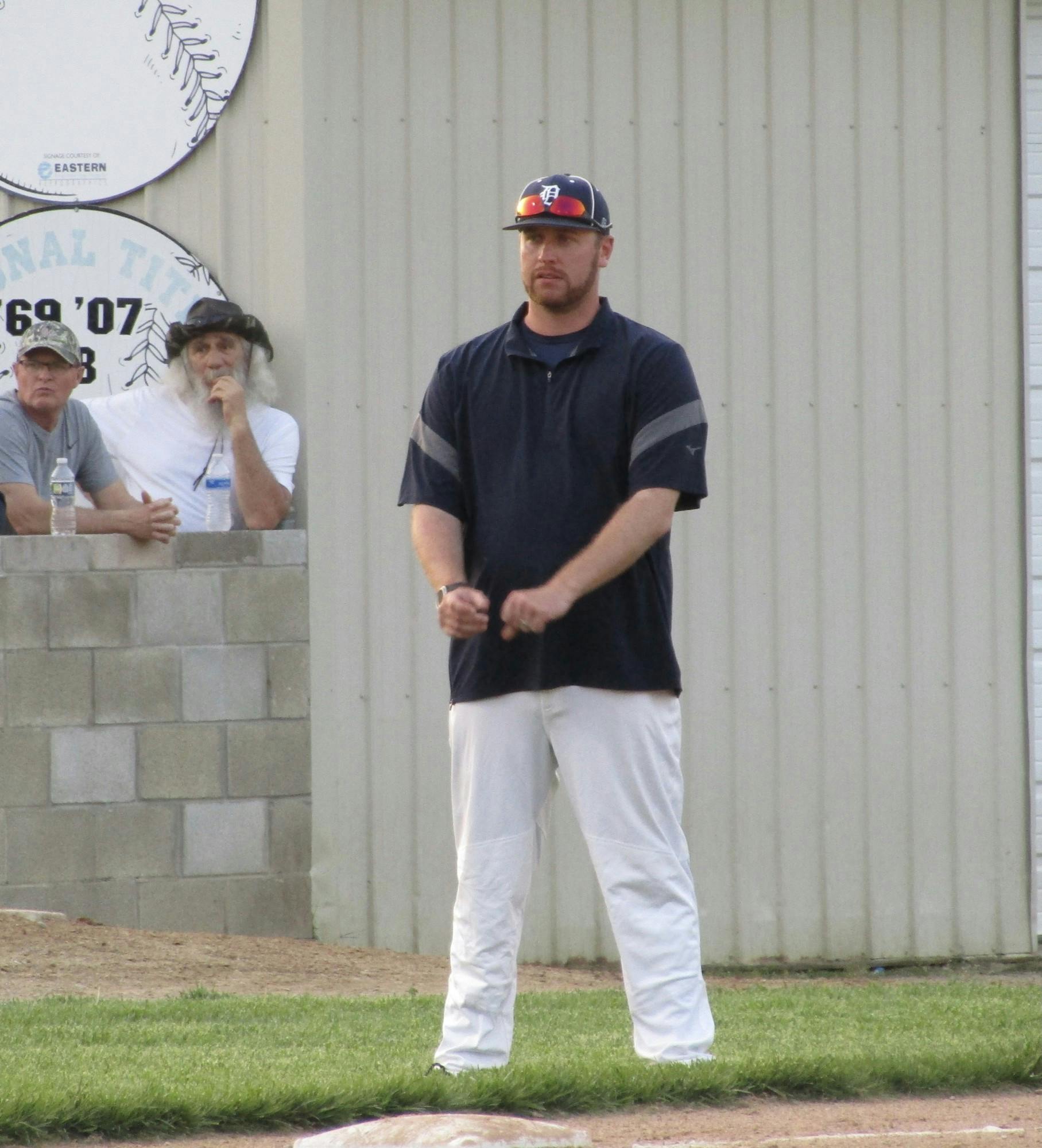 Delta High School Baseball head coach Devin Wilburn takes in the action between the Eagles and Wes-Del in the first round of the 2022 Delaware County Baseball Tournament in Yorktown, Indiana, May 10, 2022. The Eagles defeated the Warriors 4-2 and eventually finished runner-up in the tournament, losing to Yorktown 11-2. (Kyle Smedley/DN)