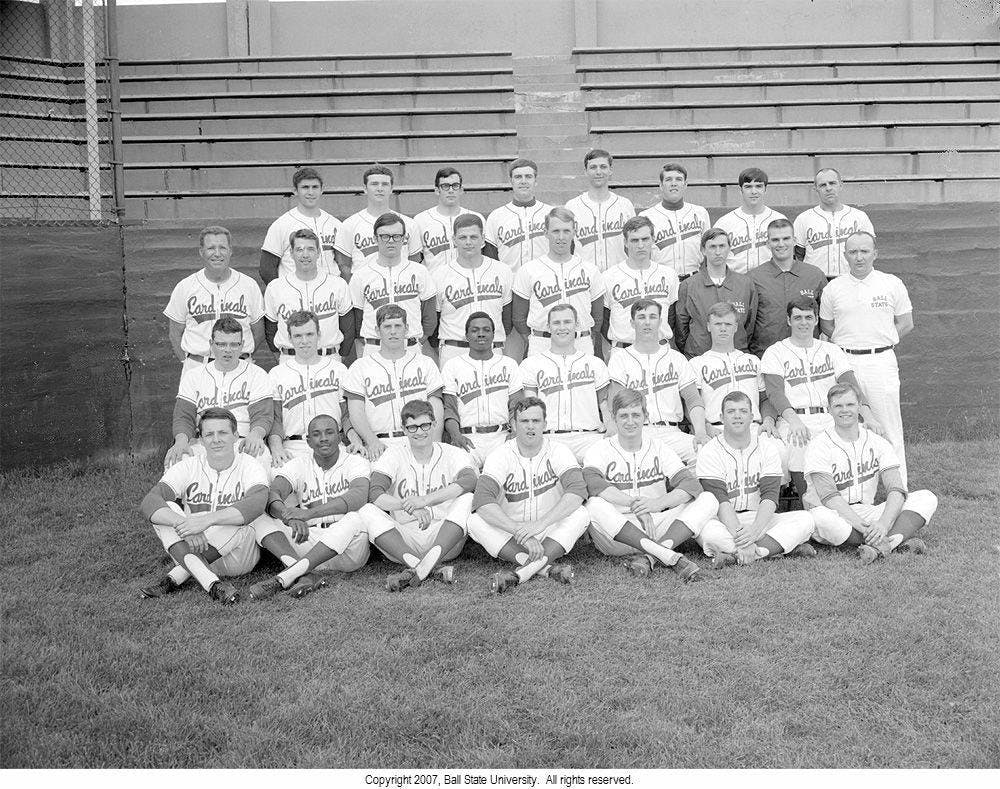 <p>Ball State's 1969 Varsity baseball team poses for a team photo April 17, 1969. This team would go on to the District 4 Regionals, just two wins away from going to the NCAA College World Series in Omaha, Nebraska, making them one of Ball State Baseball's most successful teams. <strong>Digital Media Repository, Photo Courtesy</strong></p>