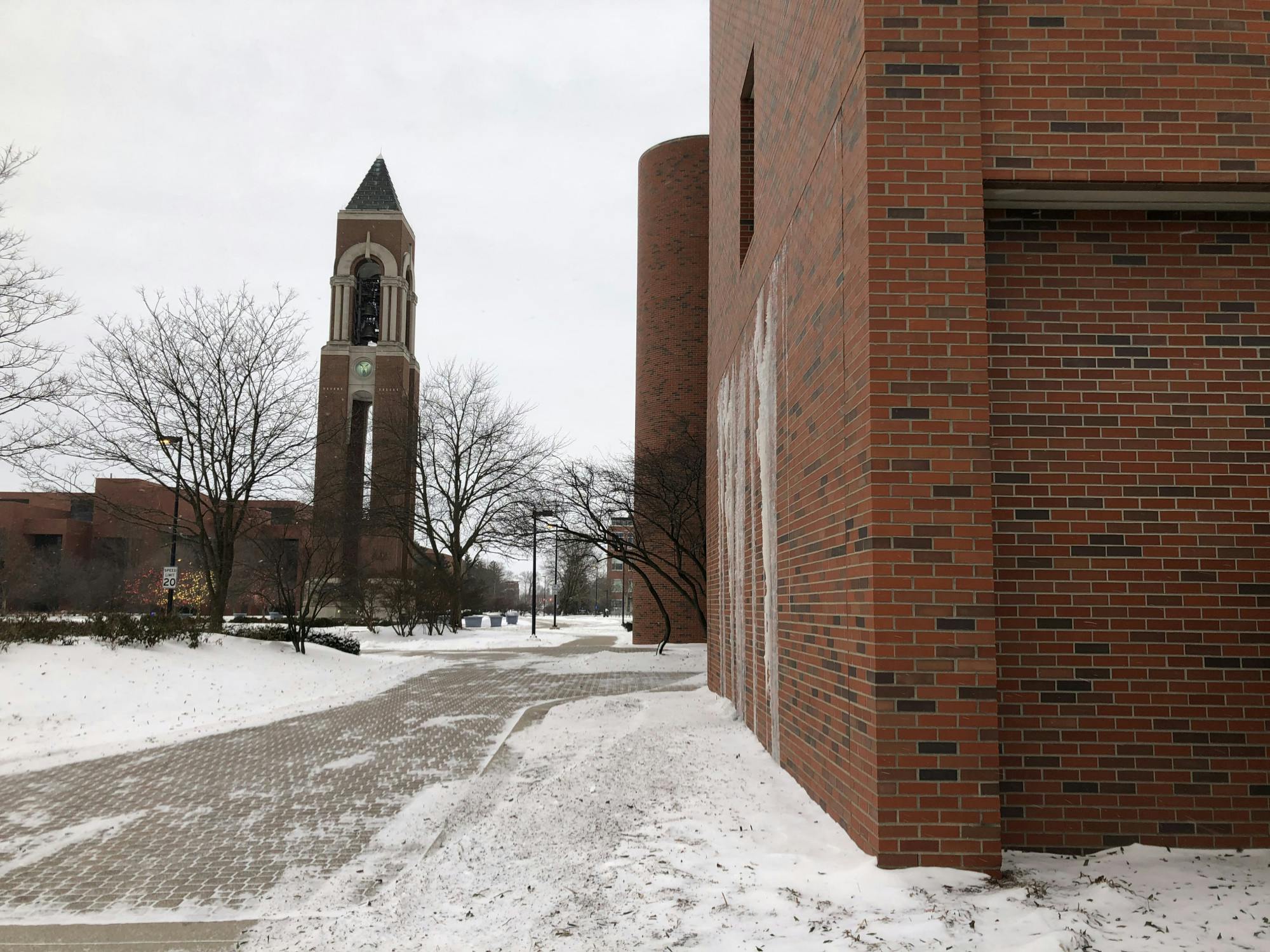 Water from the second floor of the Robert Bell Building freezes on the east side of the building as it comes through the outside. The building is currently being repaired due to the pipes bursting. Jennifer Coy, Photo Provided