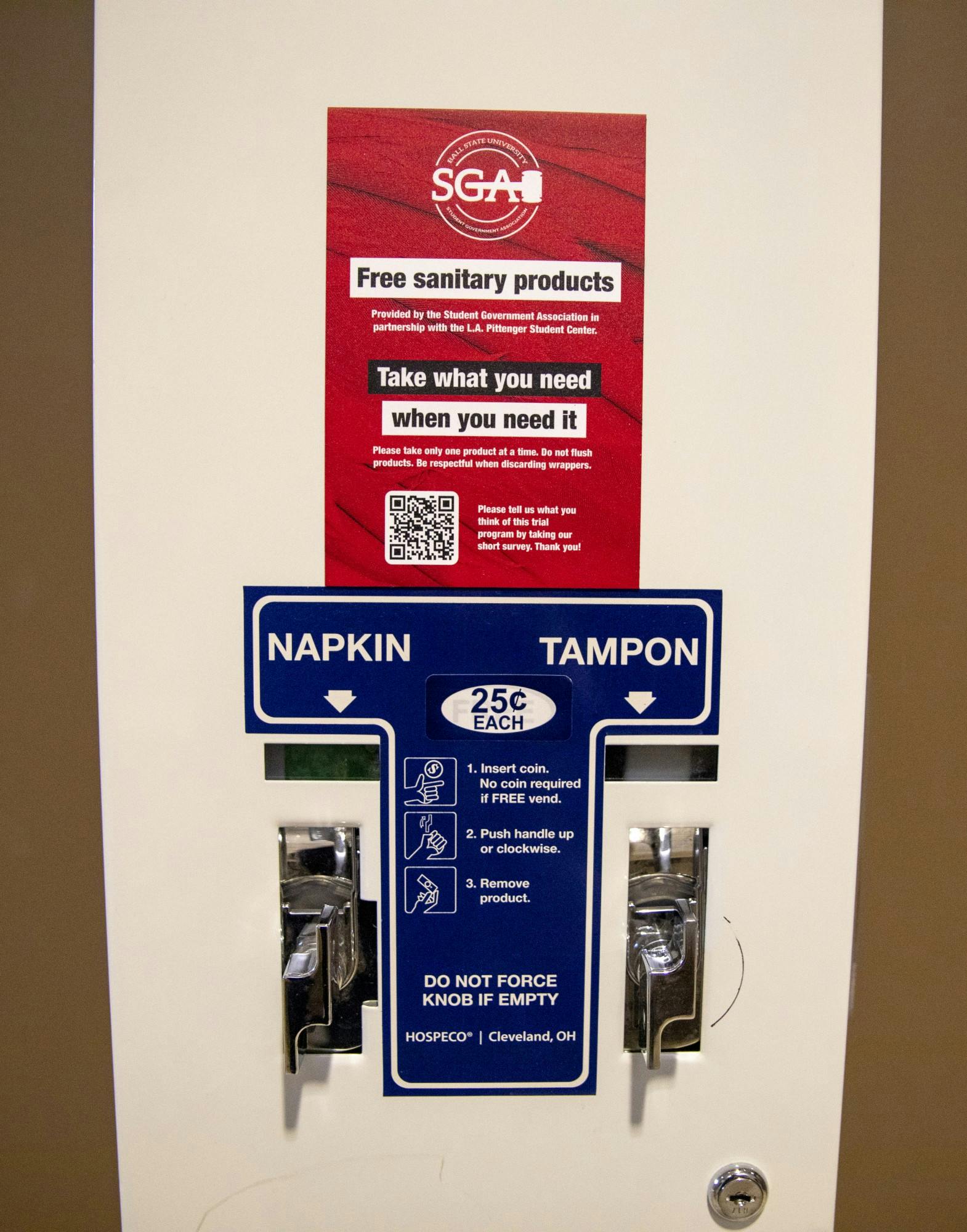 A menstrual product dispenser sits in one of the student center women’s bathrooms March 22, 2021. Chief Administrator Gina Esposito has envisioned the free menstrual product program since Bold slate began campaigning. Jaden Whiteman, DN