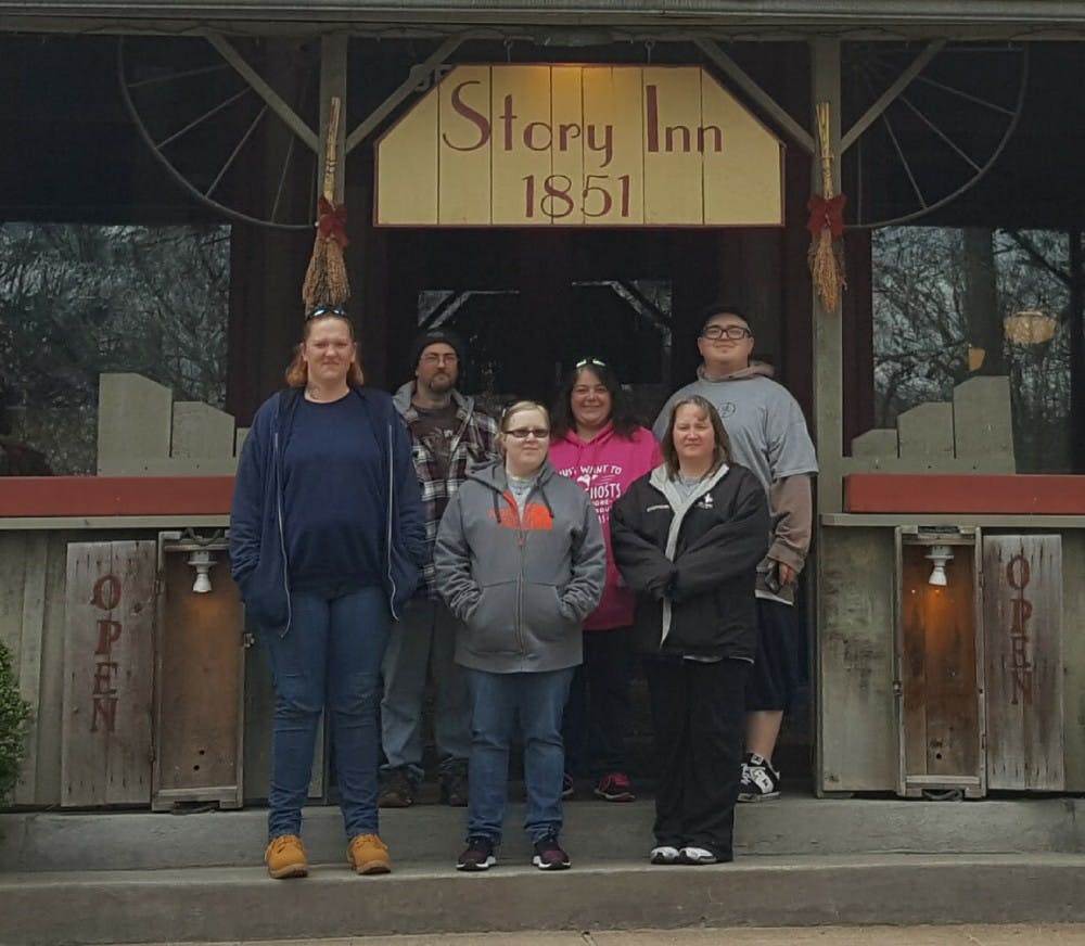 Members of the Indiana Ghost O.P.S. team stand in front of the Story Inn in Nashville, Indiana after an investigation. // Courtesy of Indiana Ghost O.P.S.