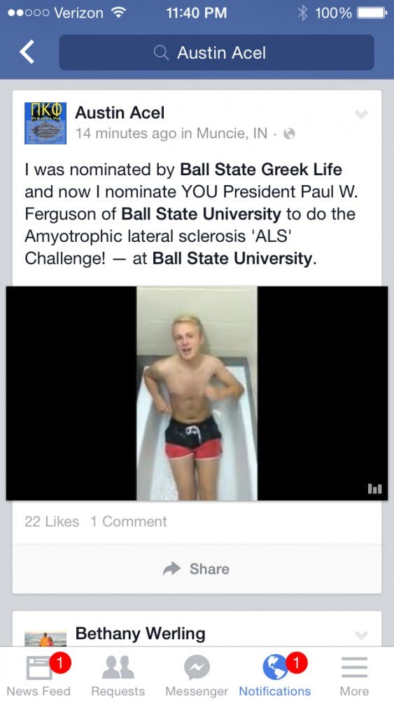 Junior professional sales and French major Austin Acel challenged President Paul Ferguson to the ice bucket challenge on Aug. 19. The ice bucket challenge brings awareness to the Amyotrophic Lateral Sclerosis Association. PHOTO COURTESY OF FACEBOOK.COM
