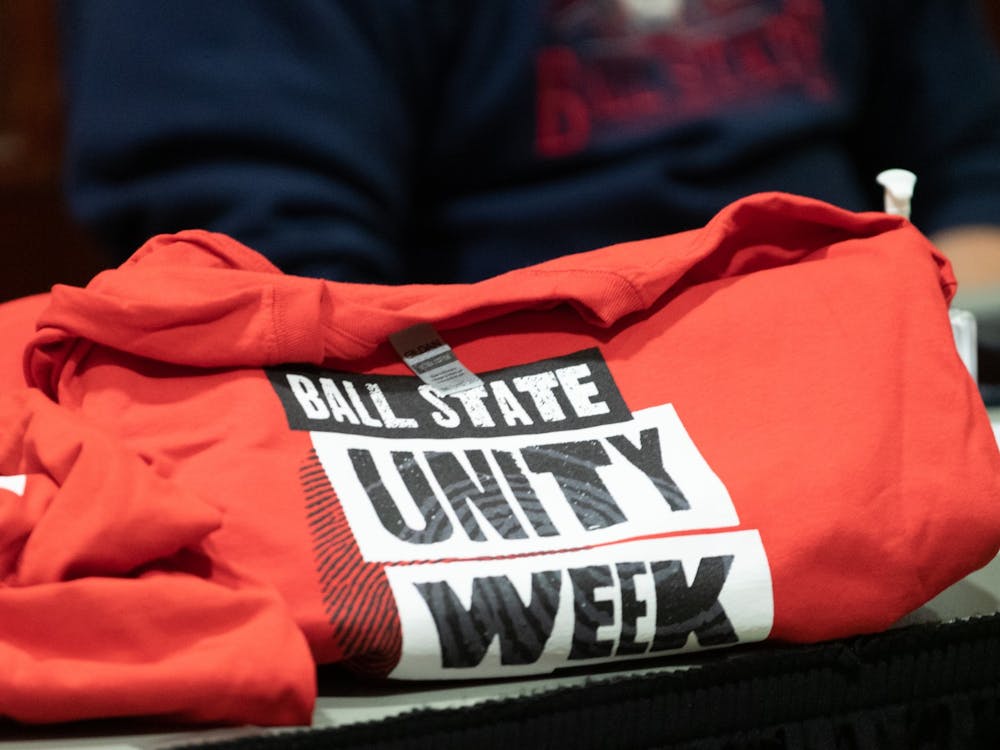 Ball State Unity Week shirts sit on display outside the Student Center Ballroom Jan. 20  at the L.A. Pittenger Student Center. Participants who came to the Boxes and Walls event were given shirts for their participation. Eli Houser, DN