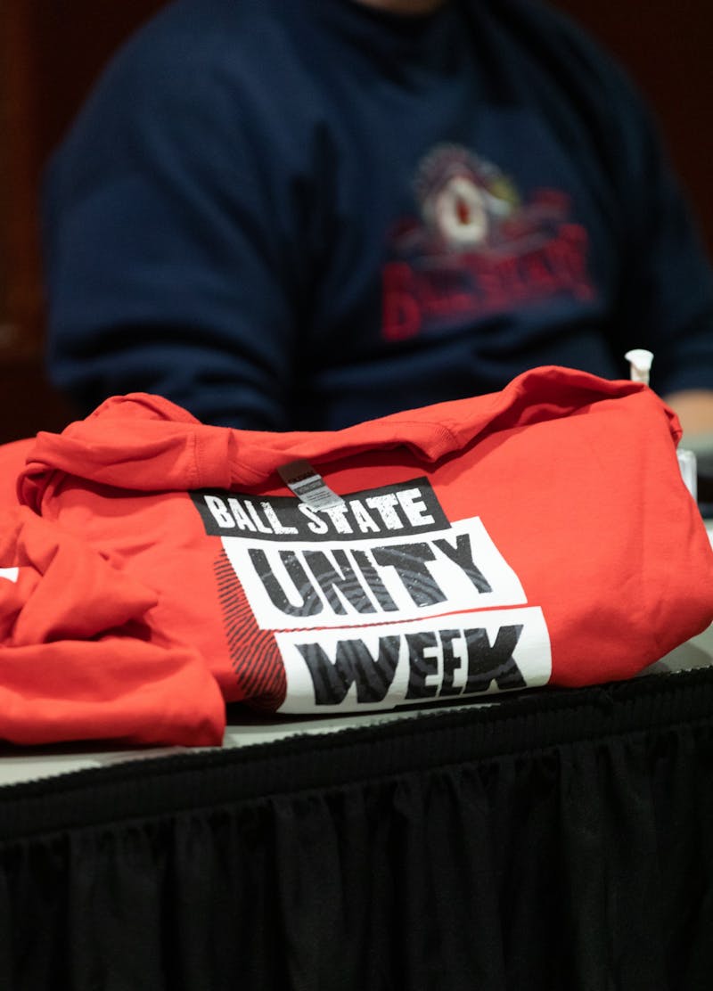 Ball State Unity Week shirts sit on display outside the Student Center Ballroom Jan. 20  at the L.A. Pittenger Student Center. Participants who came to the Boxes and Walls event were given shirts for their participation. Eli Houser, DN