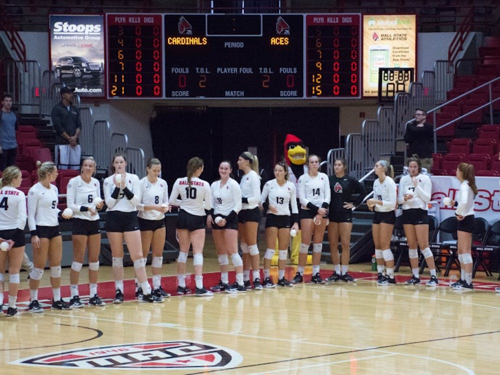 The Ball State's women volleyball team lines up for the start of the game against Evansville on Sept. 14 in John E. Worthen Arena. The Cardinals won 3-0. Jada Coleman, DN File