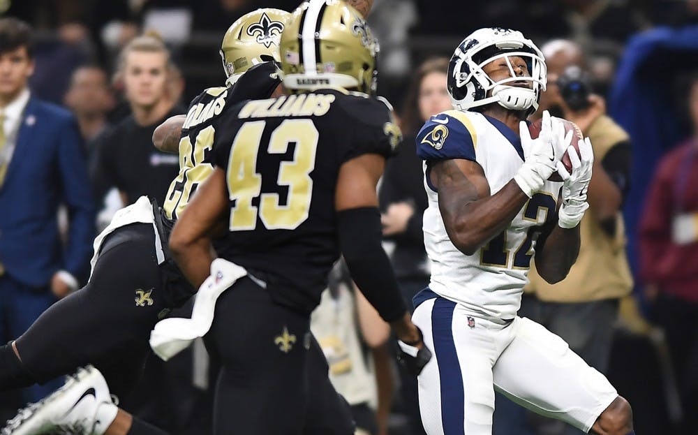 Los Angeles Rams receiver Brandin Cooks makes a catch against the New Orleans Saints in the NFC championship game Jan. 20, 2019, at the Superdome in New Orleans. A controversial no-call late in the game could have costed the Saints a spot in the Super Bowl. (Wally Skalij/Los Angeles Times/TNS)
