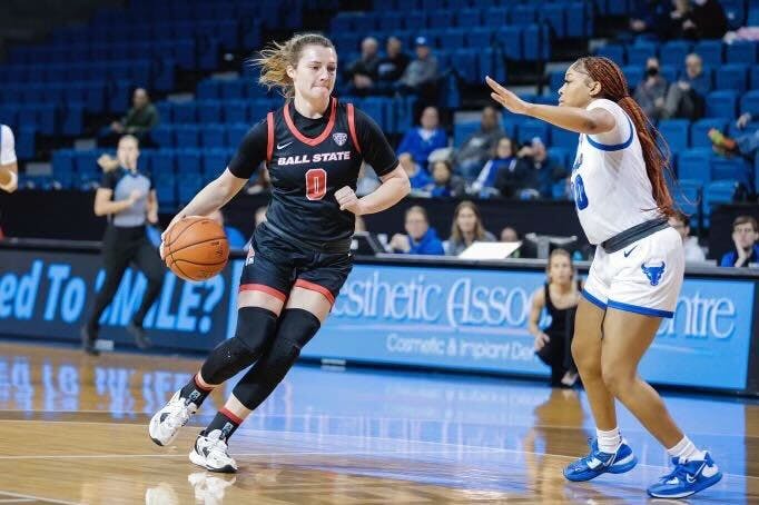 Sophomore Ally Becki drives up the lane against Buffalo on Jan. 18. Becki led in all statistical categories except blocks for Ball State in the 81-59 victory. Ball State Athletics, photo provided