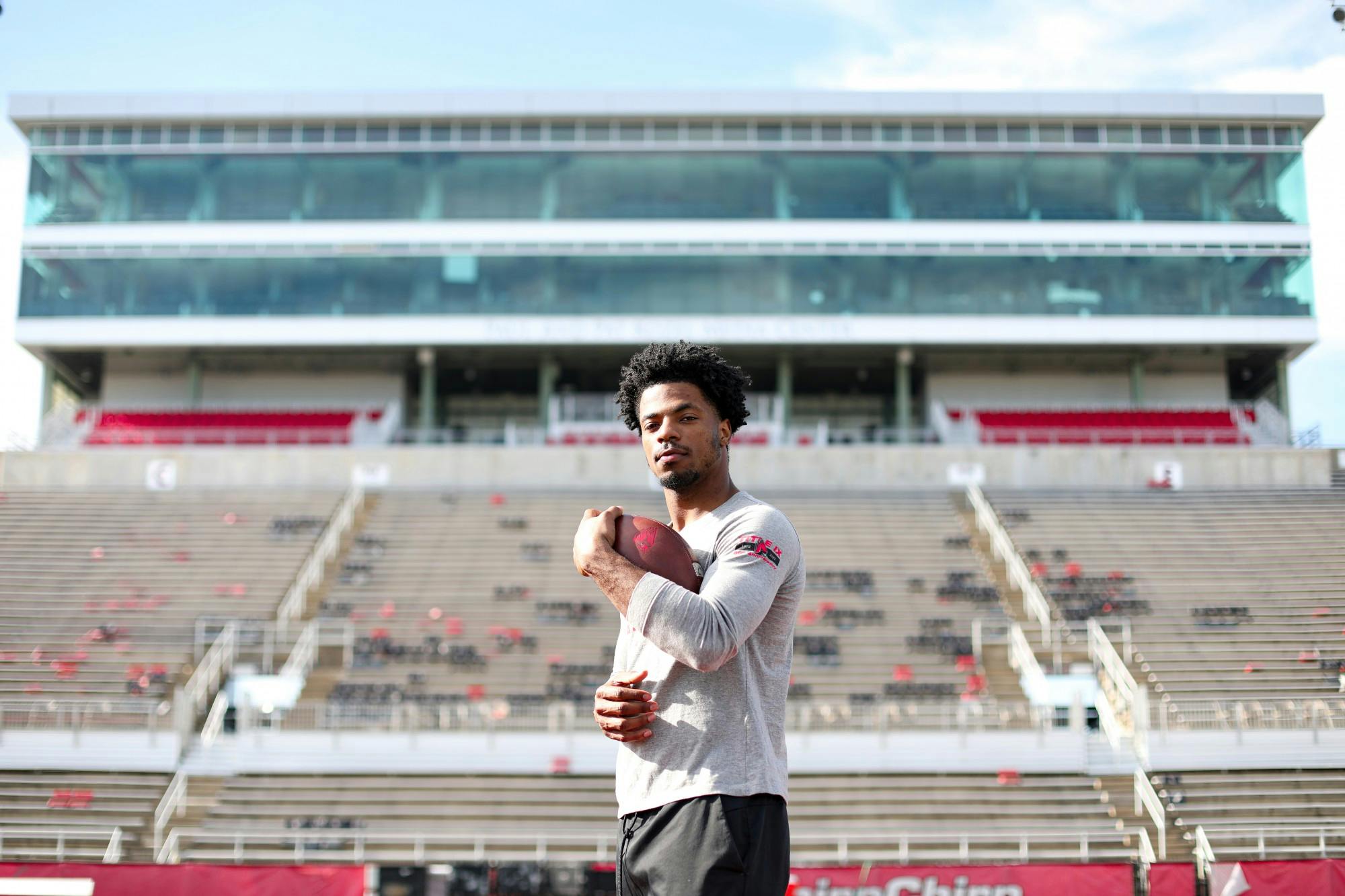 Graduate student safety Jaquan Amos poses on the field at Scheumann Stadium Nov. 9. Jacy Bradley, DN