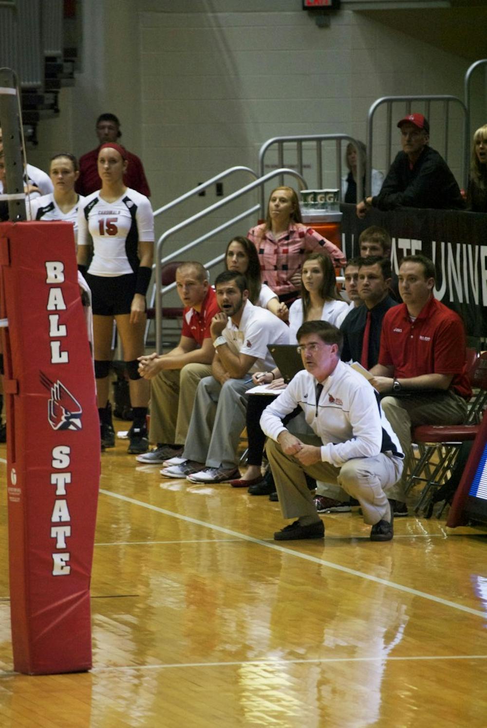 Head coach Steve Shondell watches as Ball State battles to win the fifth set against Eastern Michigan.  DN PHOTO SAMANTHA BRAMMER