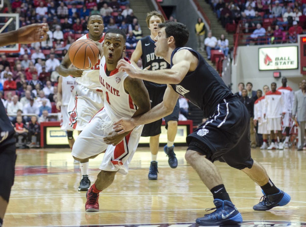 Ball State freshman guard Zavier Turner drives into the lane as Butler scrambles to reset its defense Nov. 23. DN FILE PHOTO COREY OHLENKAMP