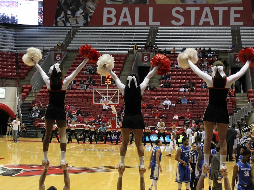 Ball State cheerleaders cheer on Ball State during the game against Buffalo on Feb. 2 at Worthen Arena. DN PHOTO ARIANNA TORRES