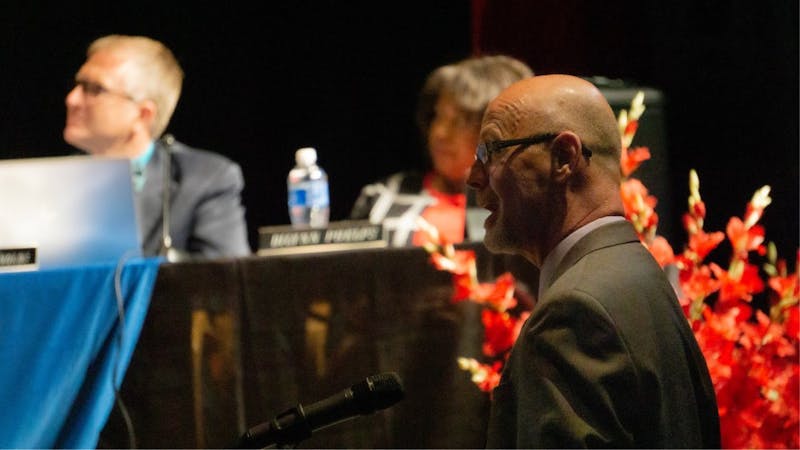 Southside Middle School principal Craig Standish speaks to the Muncie Community Schools (MCS) board about the school’s performance. One of the subjects Standish focused on was strategies used to address tardiness-related issues. John Lynch, DN