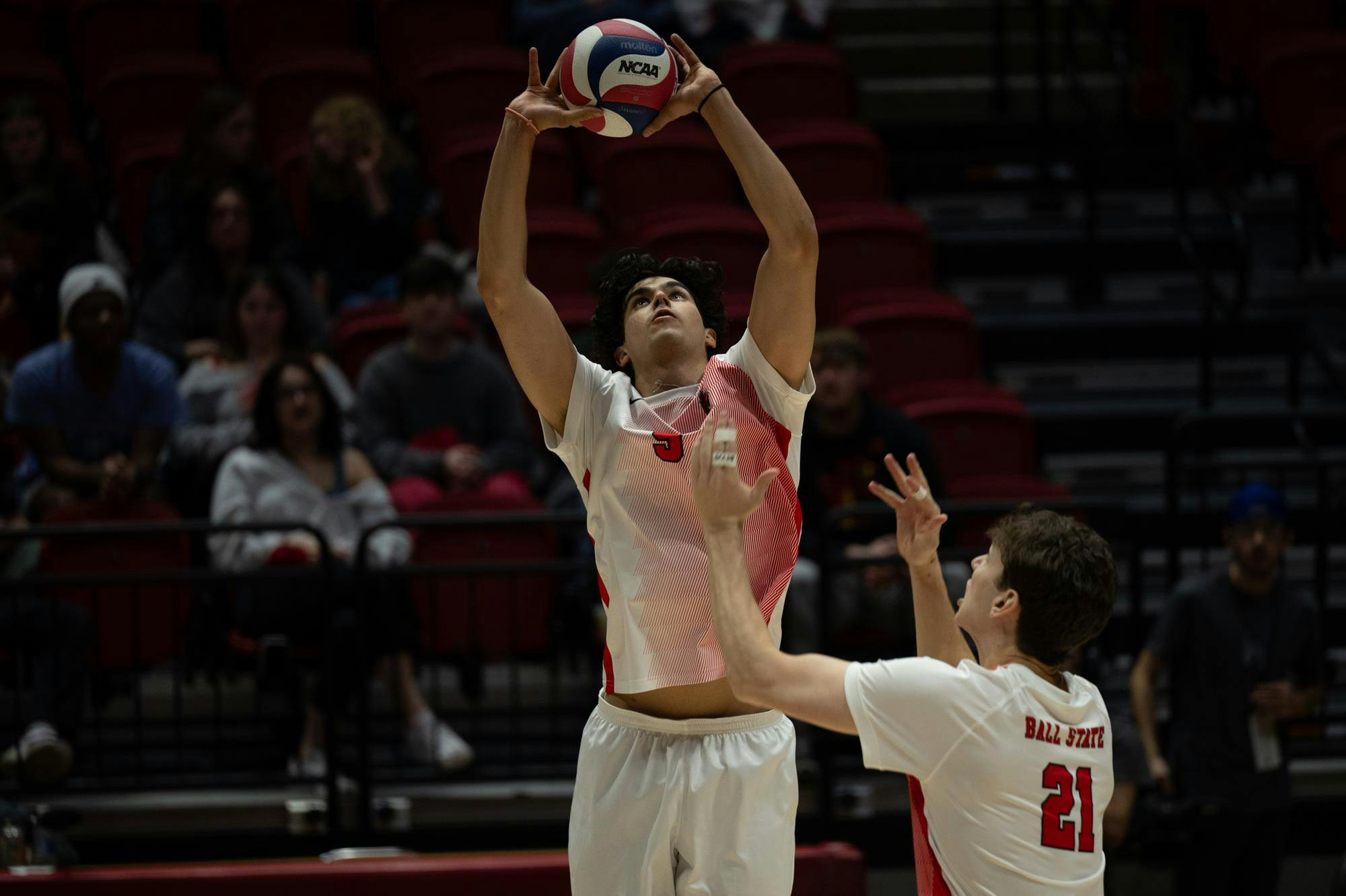 Ball State junior setter Lucas Machado sets the ball for junior middle blocker Will Patterson during a match against McKendree University Feb. 12 at Worthen Arena. Machado has a high 54 assists in the 2026 season. Ryan Fleek, DN