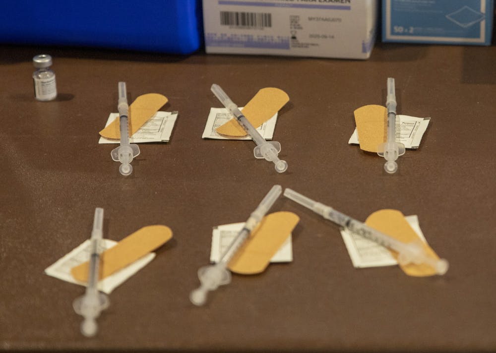 <p>Prepared doses of the Pfizer COVID-19 vaccine sit on a table April 7, 2021, at IU Health Ball Memorial Hospital. <strong>Jaden Whiteman, DN File</strong></p>