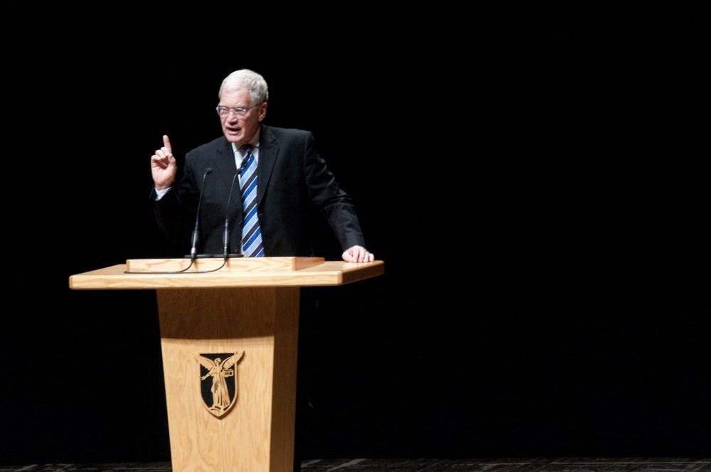 David Letterman makes jokes before he speaks with Rachel Maddow. DN PHOTO BOBBY ELLIS