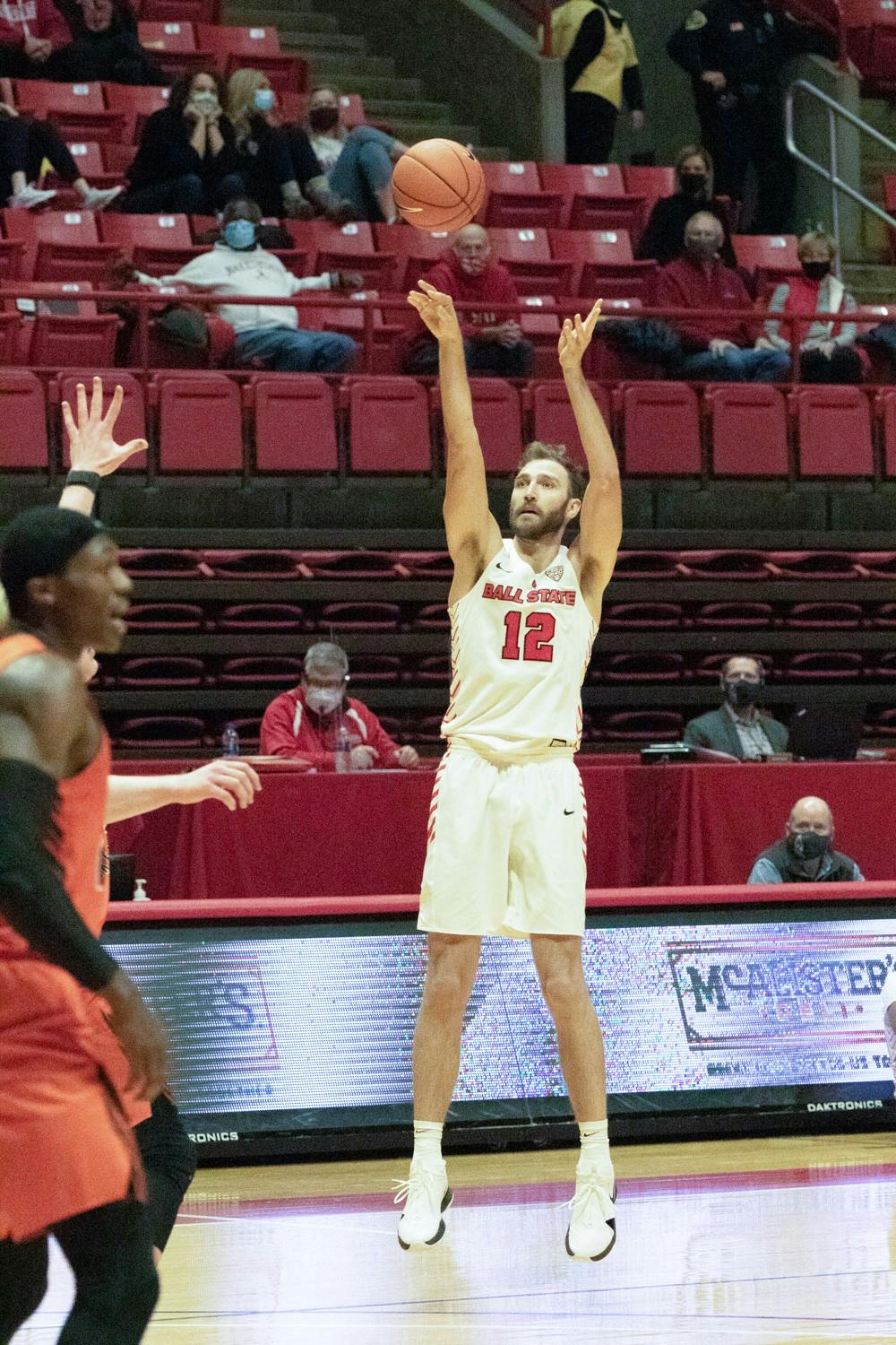 Ball State Cardinals redshirt senior forward Brachen Hazen shoots the ball Feb. 16, 2021, at John E. Worthen Arena. The Cardinals lost to the Falcons 62-75. Madelyn Guinn, DN