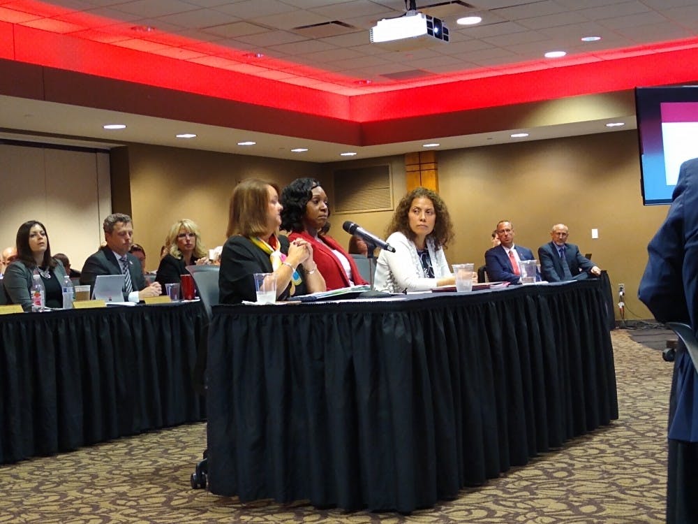 <p>Presenting at the Board for Trustees meeting (left to right), Kay Bales, vice president for enrollment planning and management. Ro Anne Royer Engle, interim vice president for student affairs, and Susana Rivera-Mills, provost and executive vice president for academic affairs. Bales said this year, Ball State broke the record for total enrollments. <strong>Charles Melton, DN.</strong>&nbsp;</p>