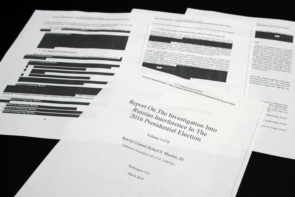 <p>Four pages of the Mueller Report lay on a witness table in the House Intelligence Committee hearing room on Capitol Hill, in Washington, Thursday, April 18, 2019. <strong>(AP Photo/Cliff Owen)</strong></p>