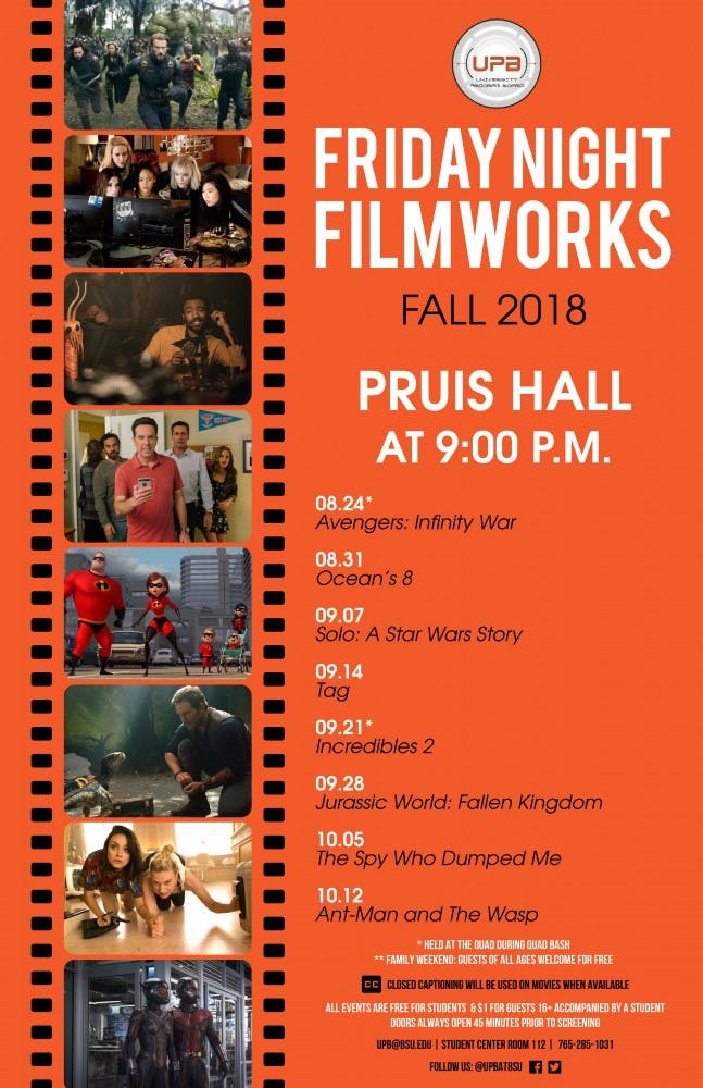 University Program Board's Friday Night Filmworks fall schedule listed to show at Pruis Hall at 9 p.m.&nbsp;