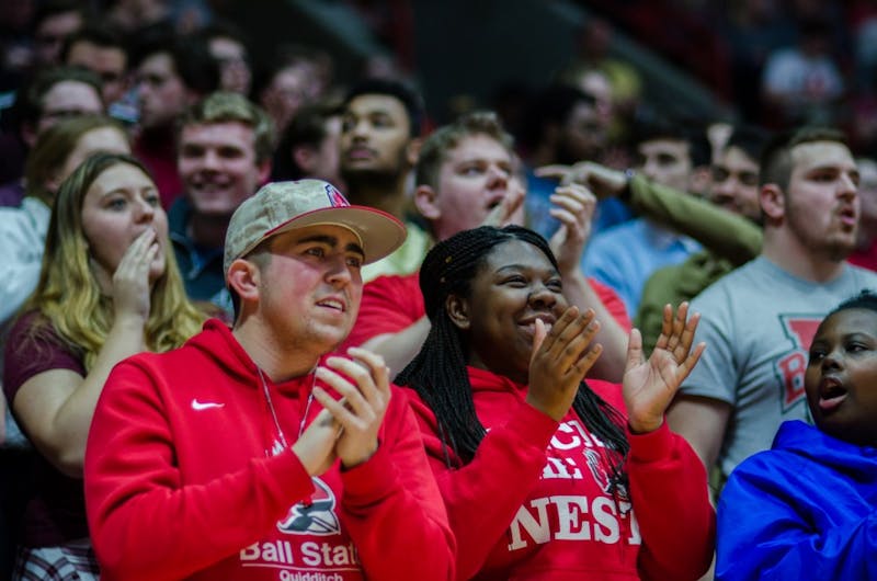 The student section cheers on the Ball State men's basketball team during the game against Kent State on Feb. 9 at John E. Worthen Arena. Ball State defeated Kent State 87-68. Stephanie Amador, DN