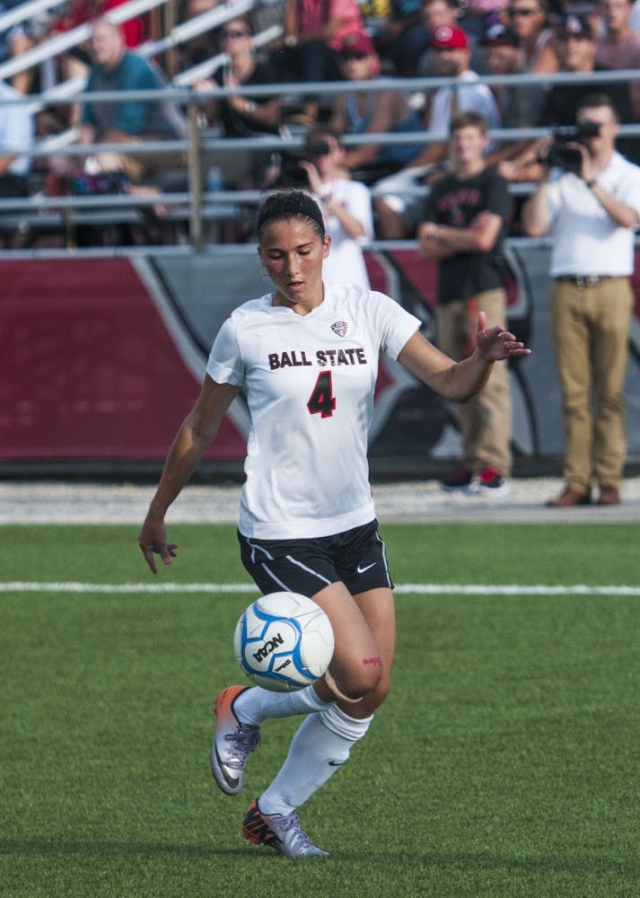 Sophomore midfielder Gabby Veldman follows the ball during the game against IPFW on Aug. 22 at the Briner Sports Complex. DN PHOTO JONATHAN MIKSANEK