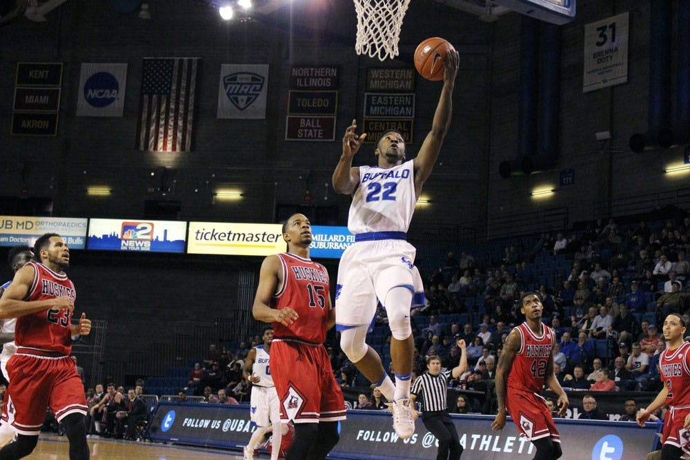 <p>Sophomore guard Dontay Caruthers takes a layup against Northern Illinois. UB men’s basketball has been playing their best basketball of the season lately.</p>