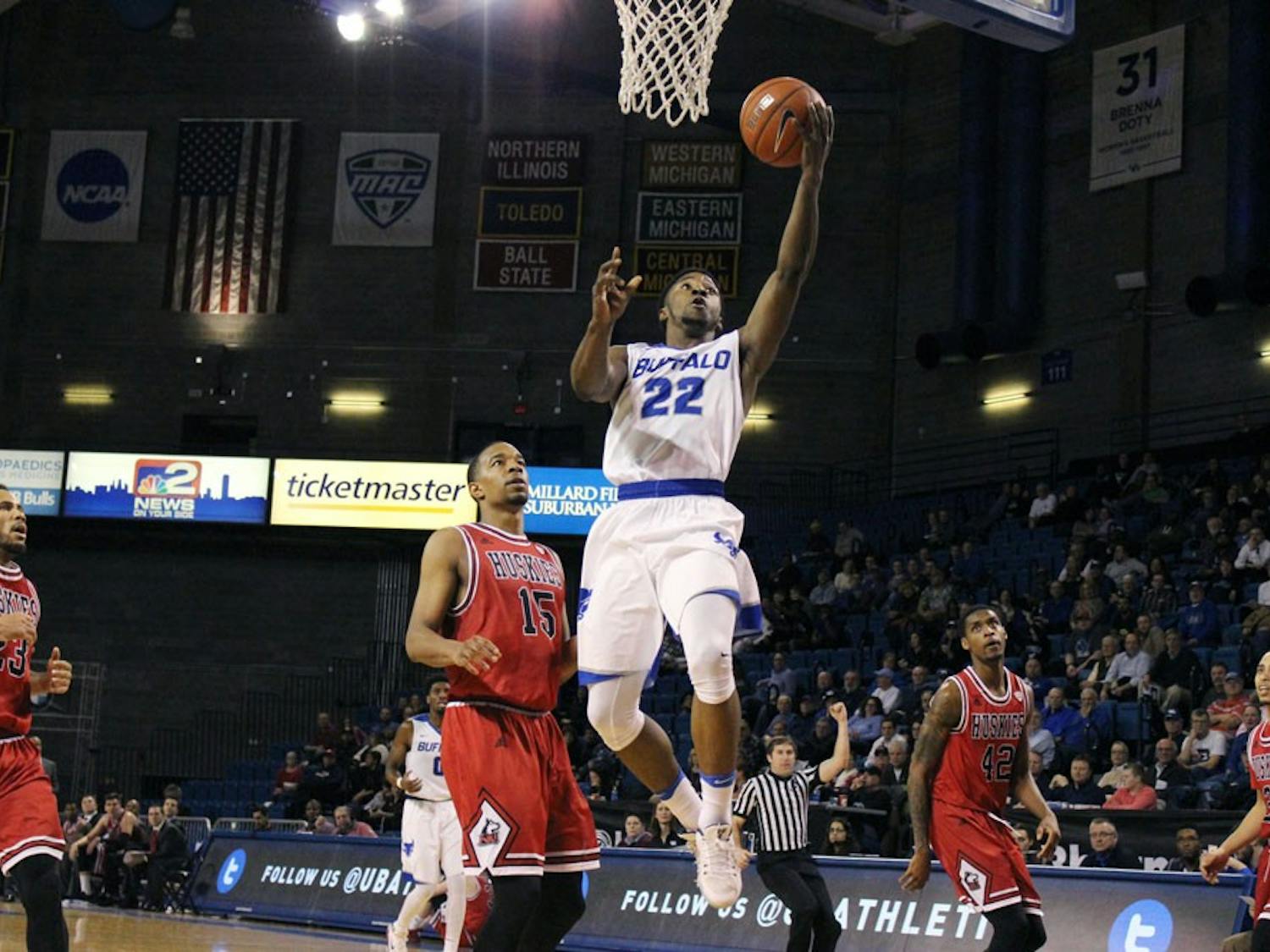 Sophomore guard Dontay Caruthers takes a layup against Northern Illinois. UB men’s basketball has been playing their best basketball of the season lately.
